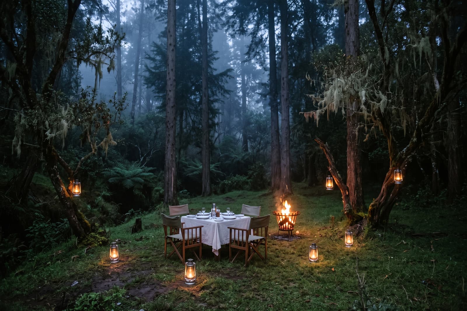 A table laid for dinner in a forest clearing, ringed by lanterns and a small fire
