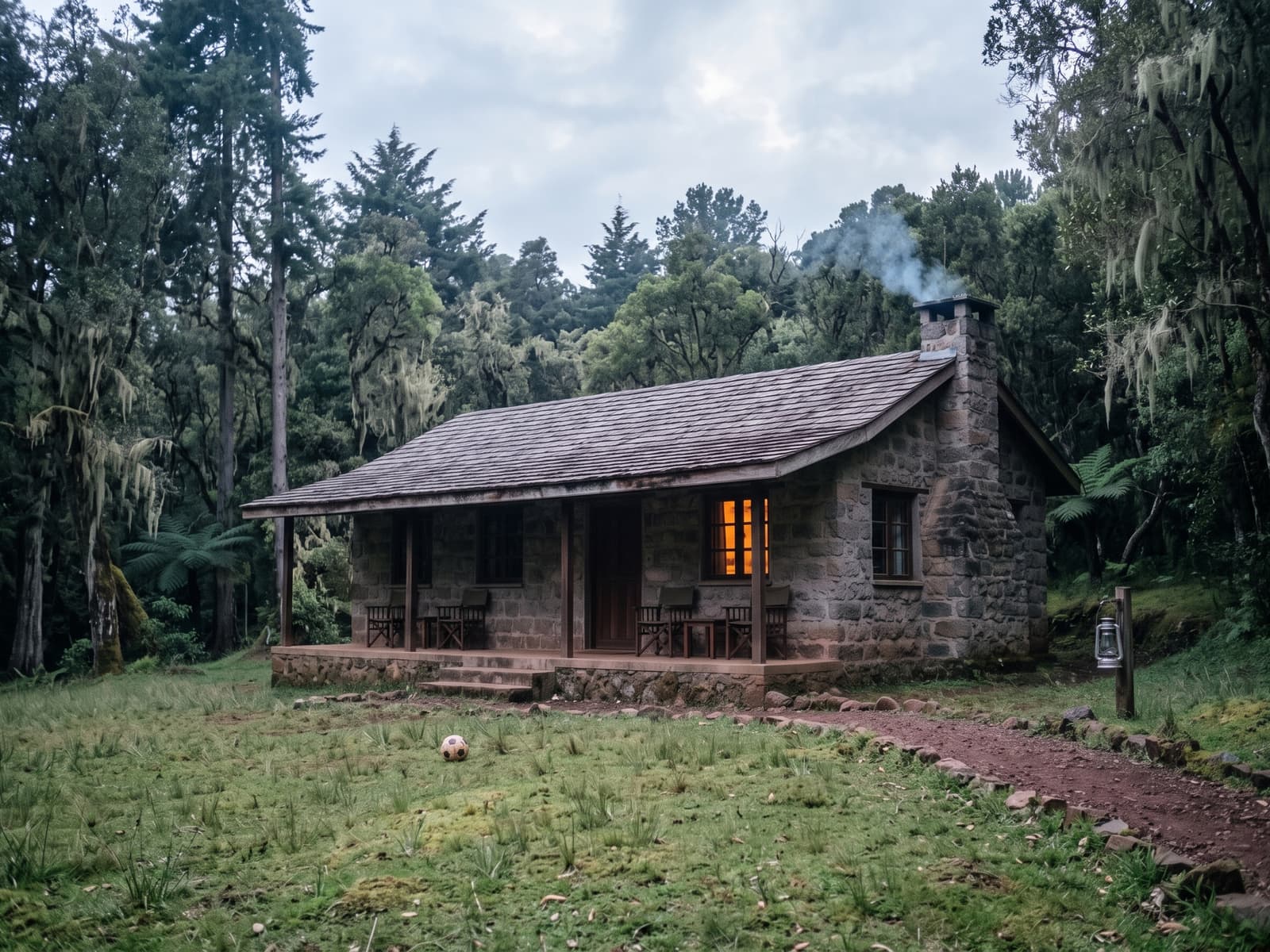 A long stone cottage with a veranda, on a lawn at the edge of the forest