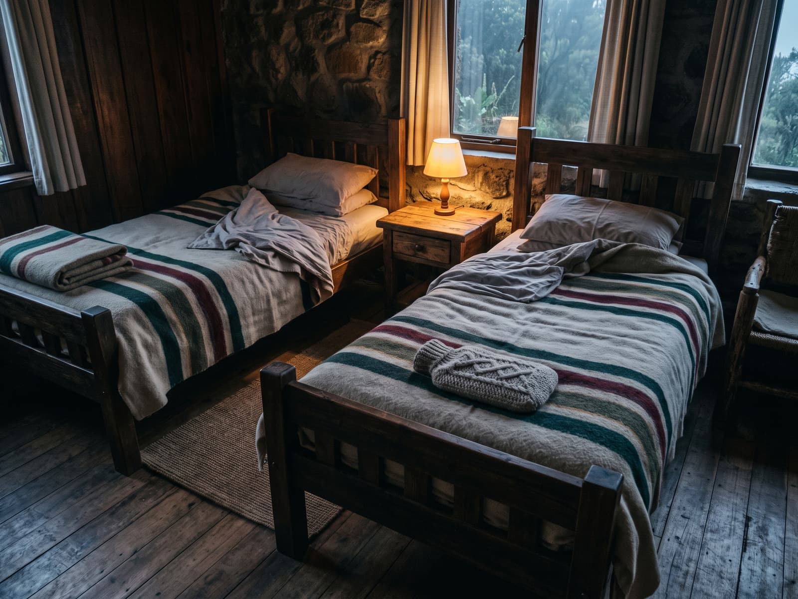 Two single beds under striped wool blankets, with a lamp lit between them