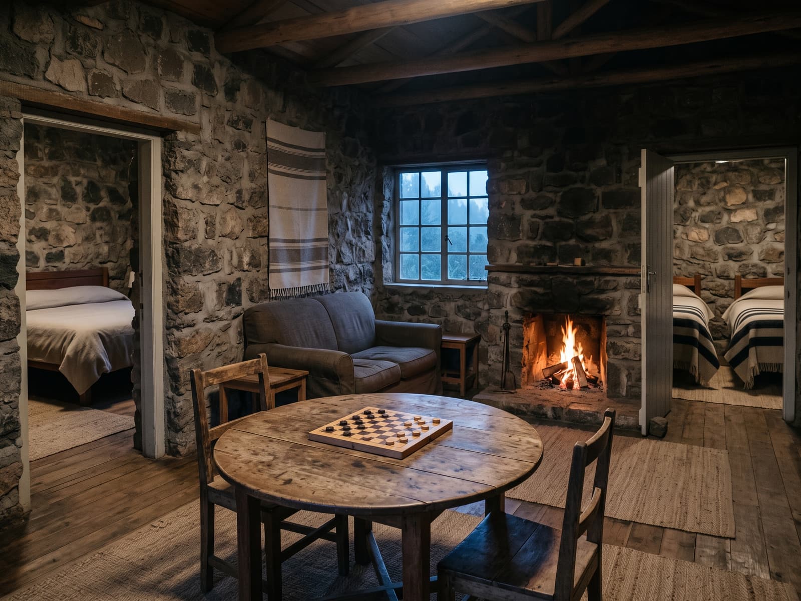 The sitting room, with a board game on a round table, a sofa by the fire and a bedroom through each door