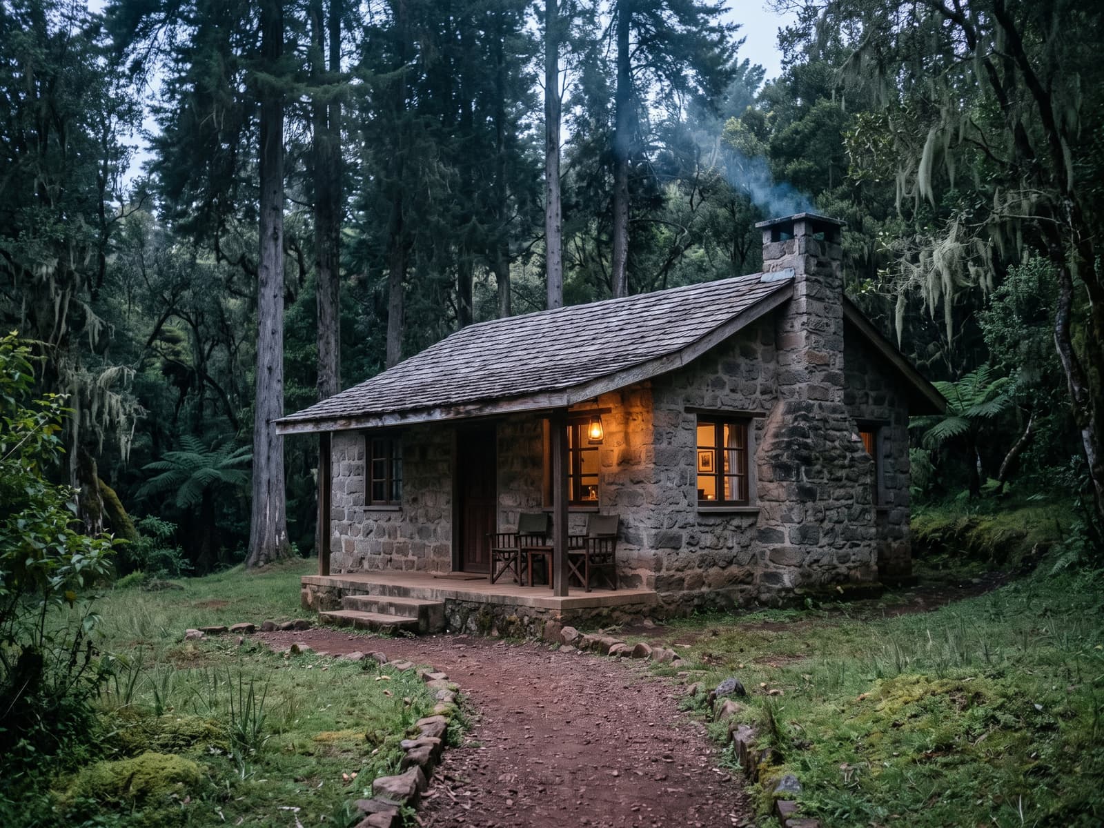 A stone cottage among tall cedars, its windows lit and smoke rising from the chimney