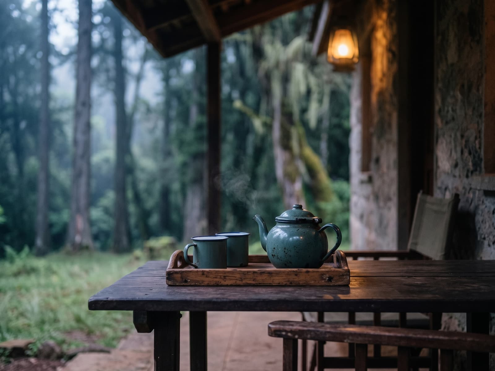 A teapot and two mugs on the veranda table, looking out into the forest