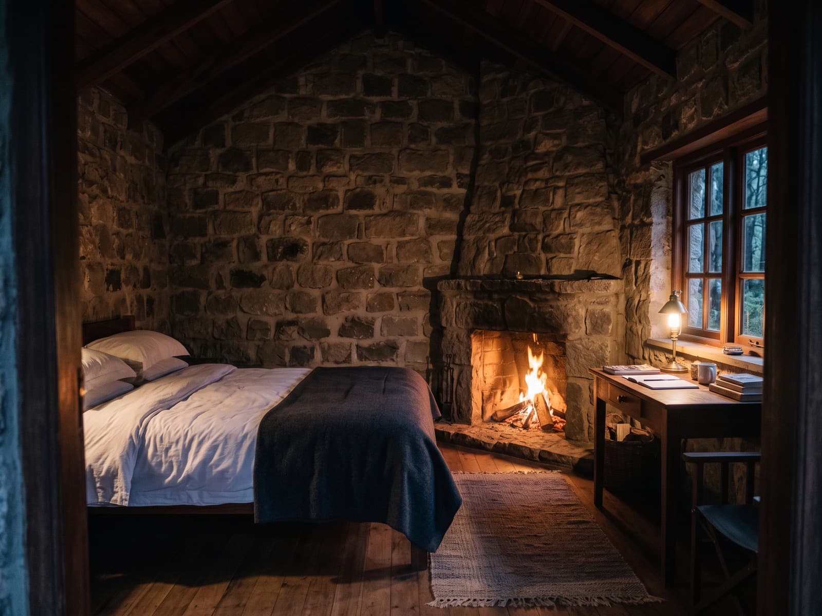 A king bed facing a lit stone fireplace, with a writing desk under the window