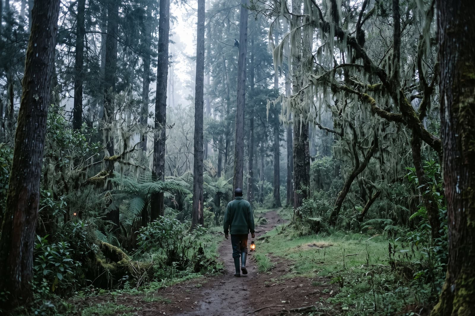 A guide carrying a lantern along a path between moss-hung trees