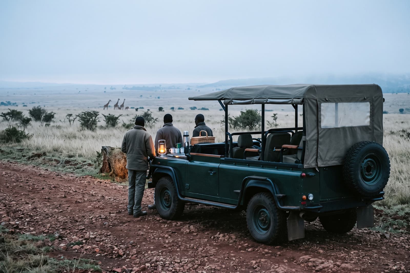 Three people beside an open safari vehicle, watching giraffes far off on the plains
