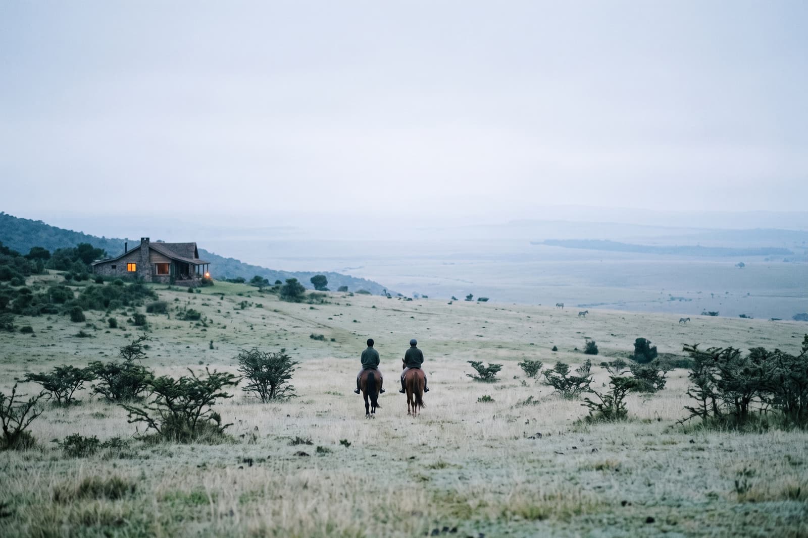 Two riders crossing the open plains, with the lodge on the rise behind them