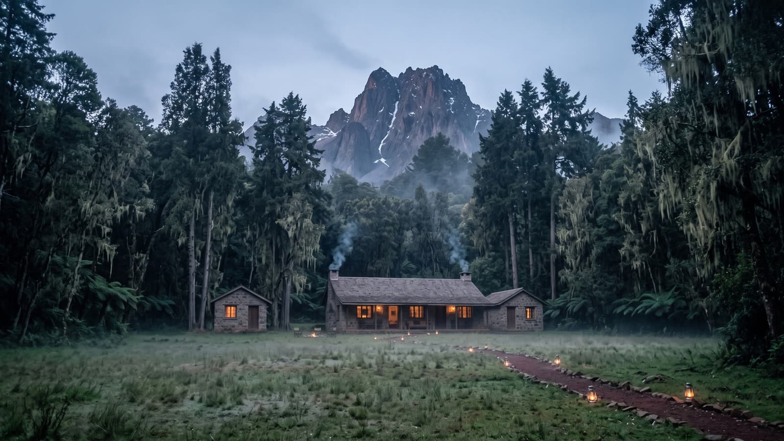 Ukingo at dusk: lit windows under the cedars, with Mount Kenya behind