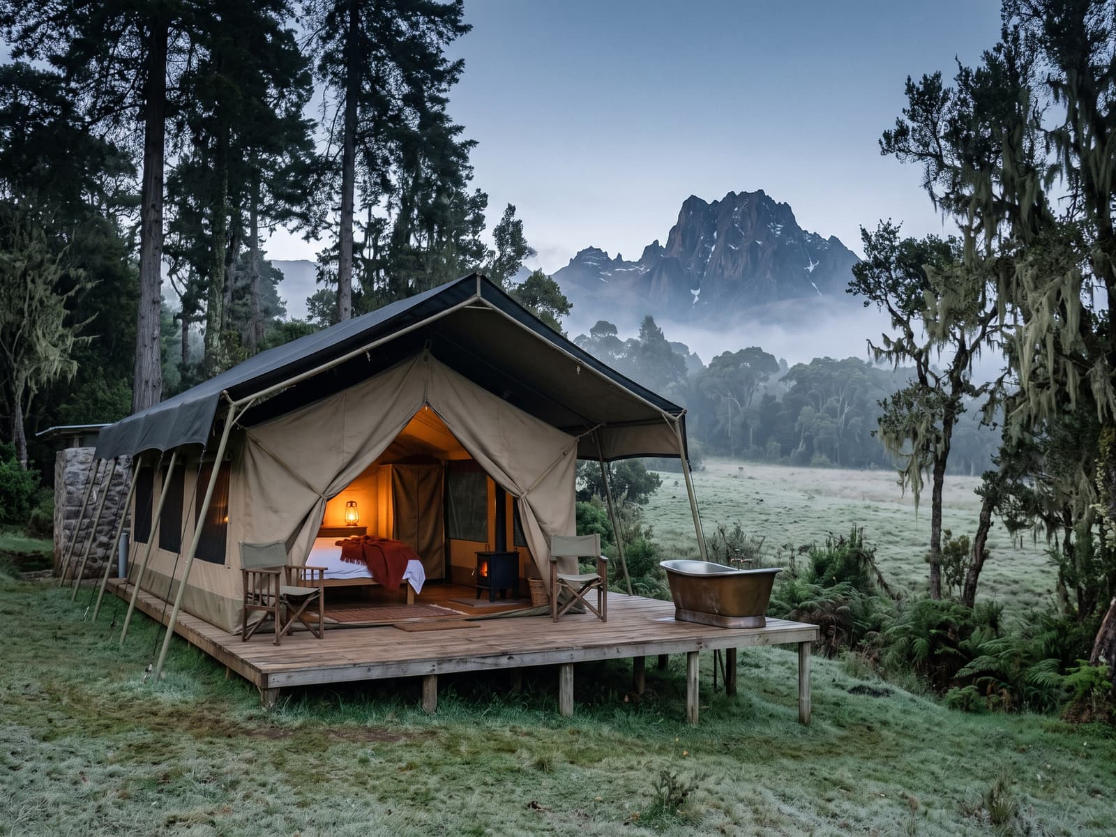 A canvas tent on a raised wooden deck with a copper bath, and the peaks of Mount Kenya above the mist