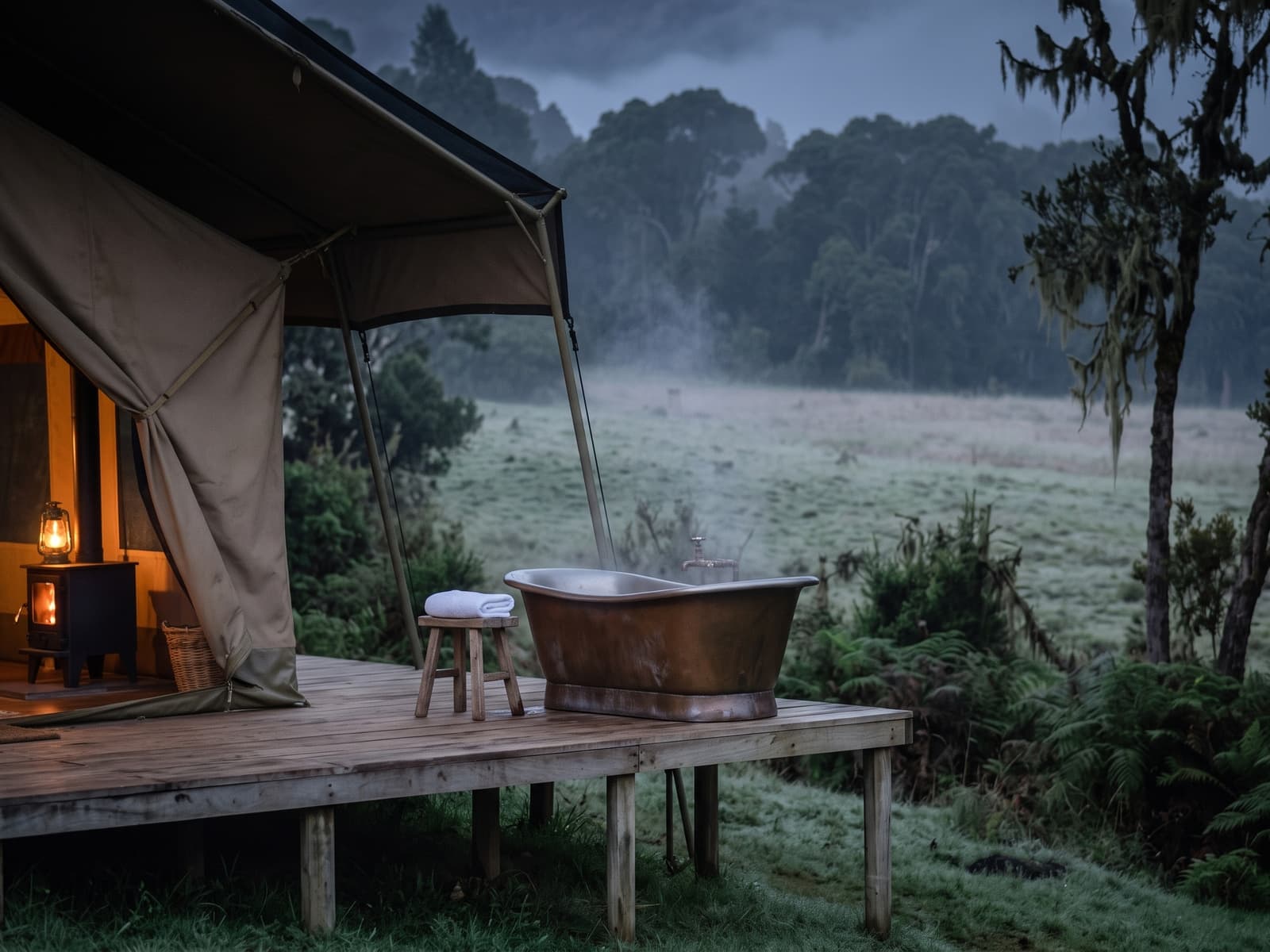 The copper bath on the tent's deck, with mist lying over the meadow beyond