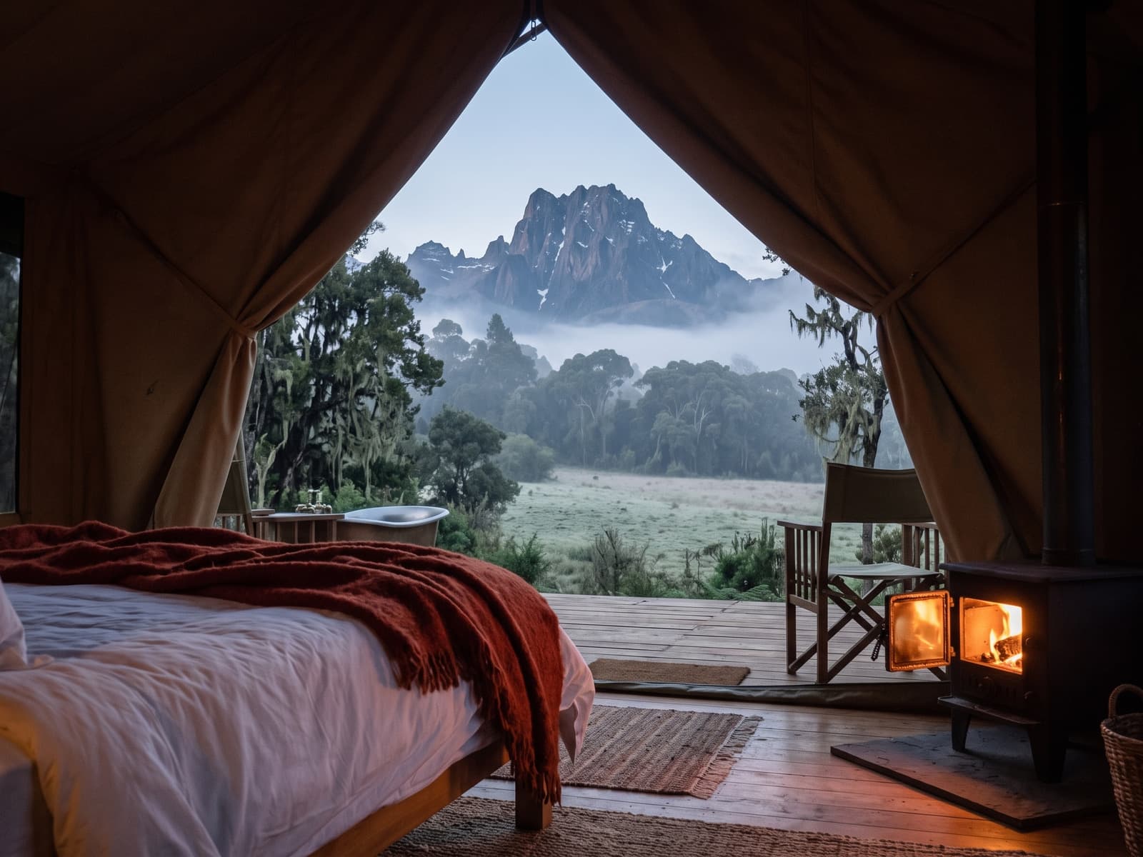 The bed inside the tent, a wood stove burning, and the peaks seen through the open canvas