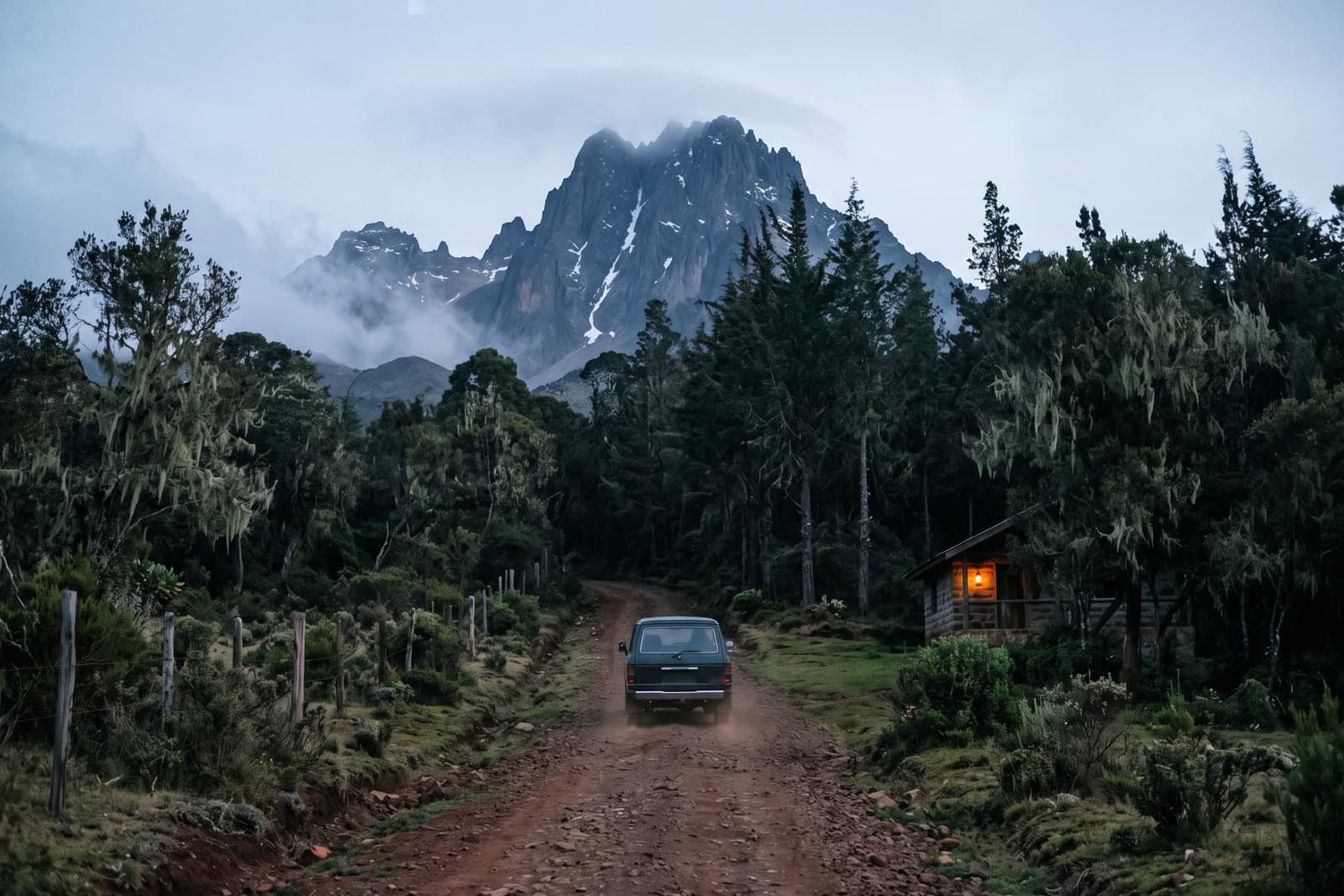 A car on the murram road through the forest, with the peaks of Mount Kenya ahead