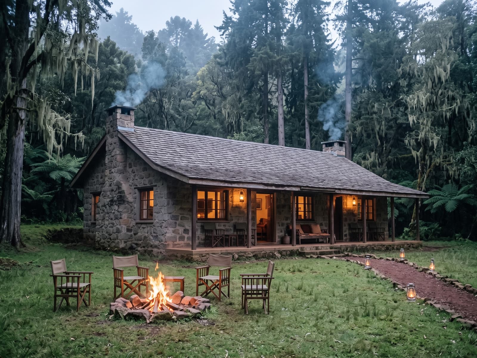 A stone house with a long veranda, and chairs set around a fire on the lawn