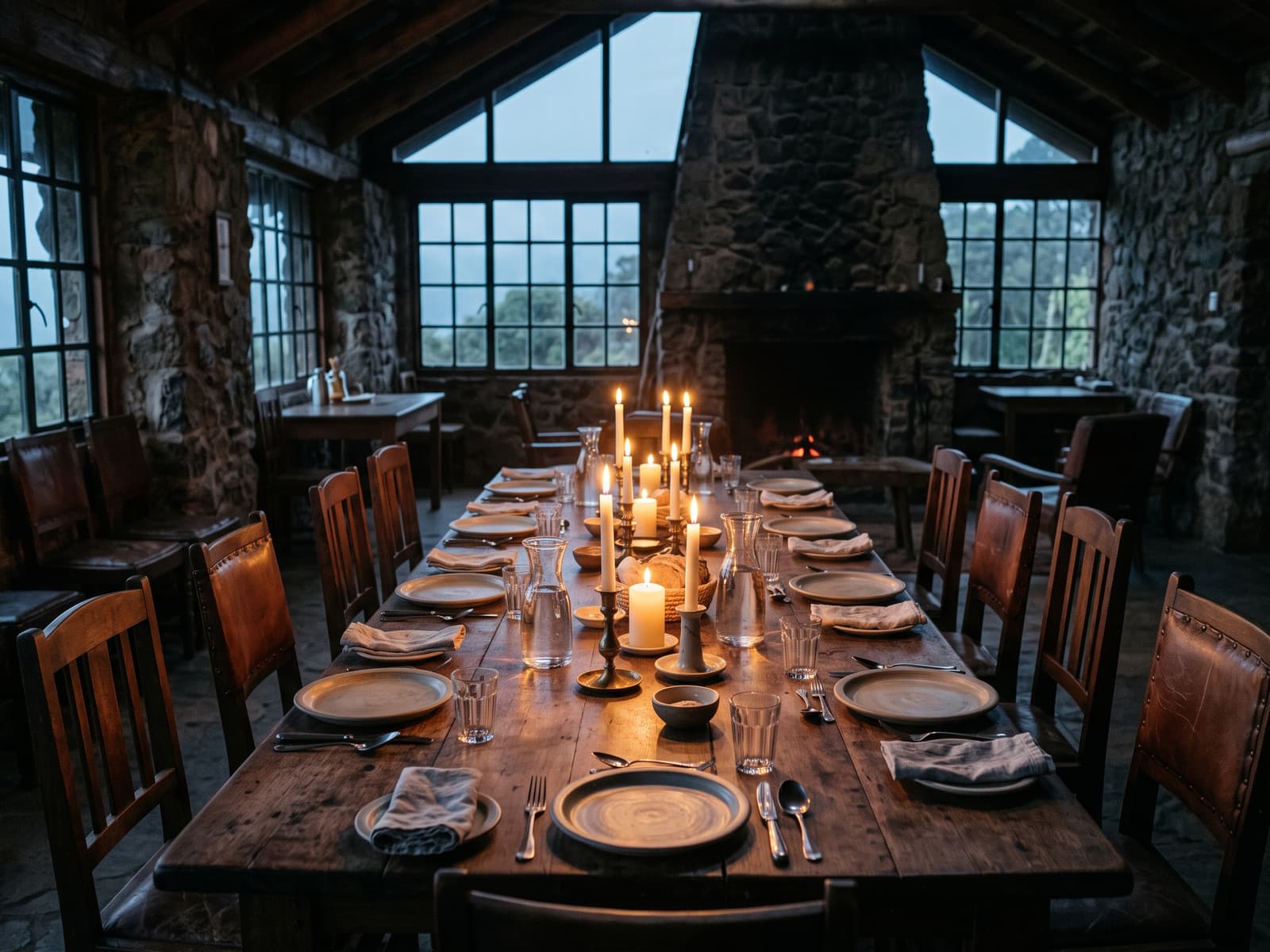 A long dining table laid by candlelight in front of the fireplace