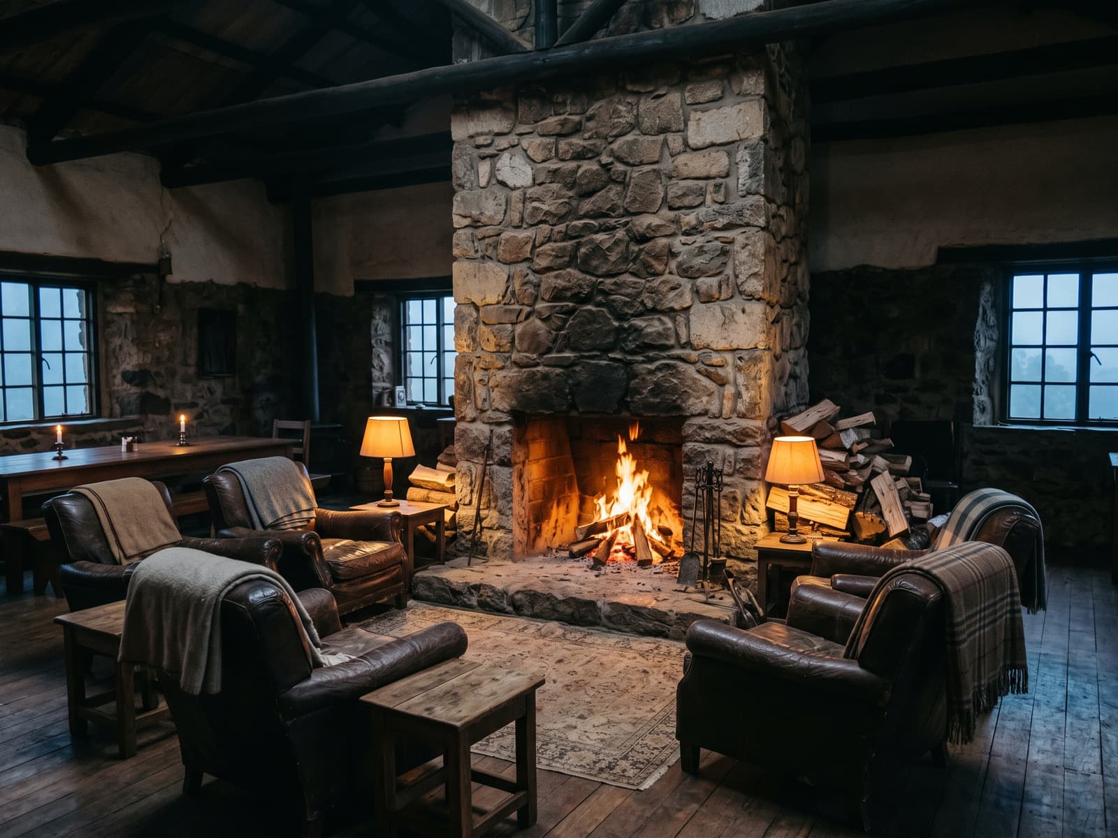 Leather armchairs drawn up to a tall stone fireplace, the fire lit